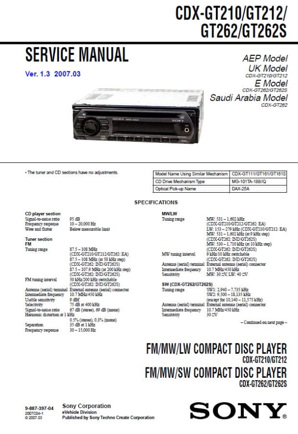 CDX-GT210, CDX-GT212, CDX-GT262, CDX-GT262S Ver.1.3